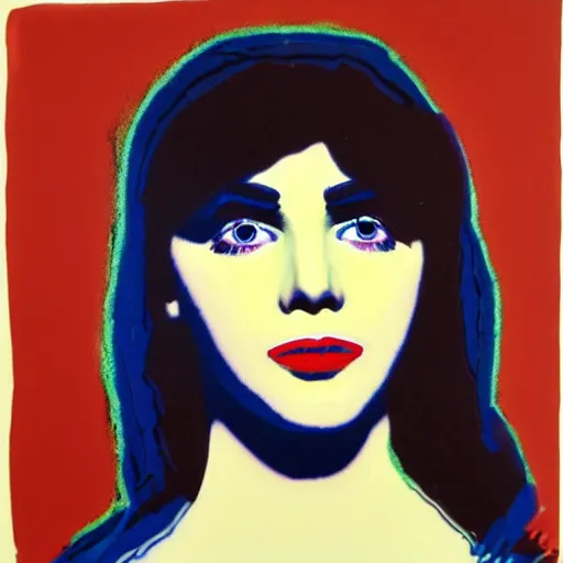 Prompt: painting of a young adult woman face with small blue eyes big brown browns long lashes high cheekbones and sharp jawline small plump lips straight nose white skin long bangs brown hair by andy warhol