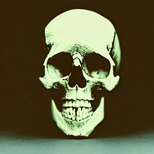 Image similar to art photograph of a skull, ektachrome, 35 mm film grain, shallow depth of field