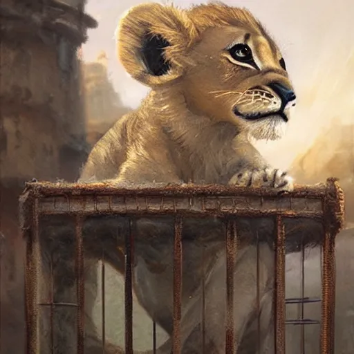 Image similar to adorable lion cub in a cage on a medieval fantasy market, oil painting, by greg rutkowski