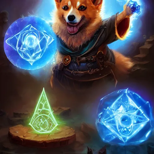 Prompt: d & d character art, a corgi thaumaturgist casting a magical spell, glowing blue spell effects, arcane trinkets, colorful magic potions, maps, runes, fantasy, extremely detailed, hyperrealistic, beautiful digital illustration, greg rutkowski, artgerm, hearthstone, trending on artstation, 8 k