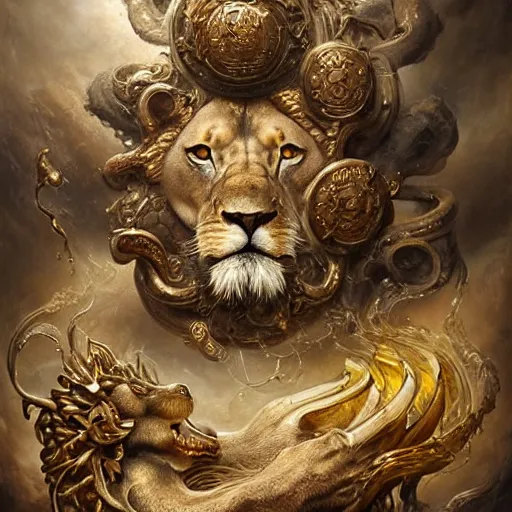 Image similar to a beautiful detailed 3 d matte portrait of a alchemist lion, by ellen jewett, by tomasz alen kopera, by justin gerard, ominous, magical realism, texture, intricate, skull, skeleton, gold coins, money, whirling smoke, alchemist bottles, radiant colors, fantasy, volumetric lighting, high details