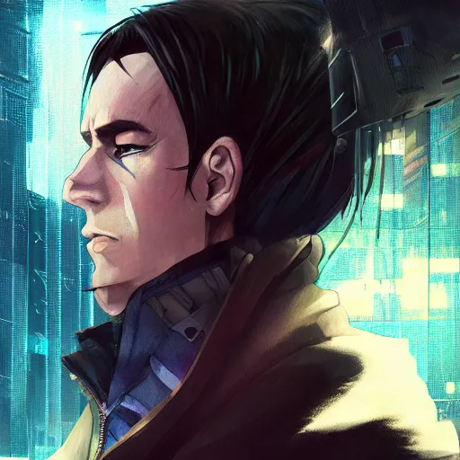 Image similar to An anime portrait of Trent Reznor in a cyberpunk setting, by Stanley Artgerm Lau, WLOP, Rossdraws, James Jean, Andrei Riabovitchev, Marc Simonetti, and Sakimichan, tranding on artstation