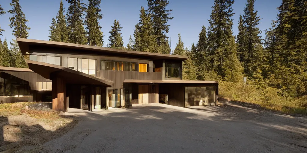 Prompt: large modern lodge residence, cascadian, concrete and cedar, many large windows, designed by olson kundig