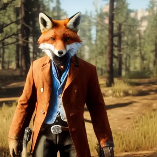 Prompt: Film still of anthropomorphic fox, from Red Dead Redemption 2 (2018 video game)