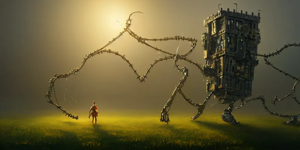 Prompt: a walking mechanical castle with legs, vines, pilar, hyperrealistic, highly detailed, cinematic, single ray of sun, fog, beautiful, cgssociety, artstation, 8 k, oil painting