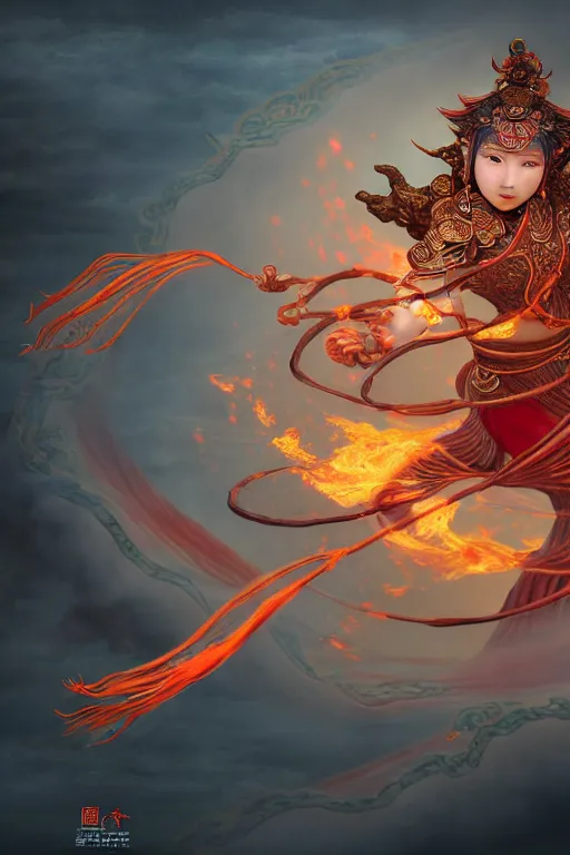 Image similar to nezha flies around swiftly on his wind flame circles in ruin chinese city, masterpiece, chinese mythology, top view, cinematic, fantasy character portrait, highly detailed, by new gods : nezha reborn, nezha : birth of the demon child, ne zha from smite, trending on artstation, concept art, flame everywhere,