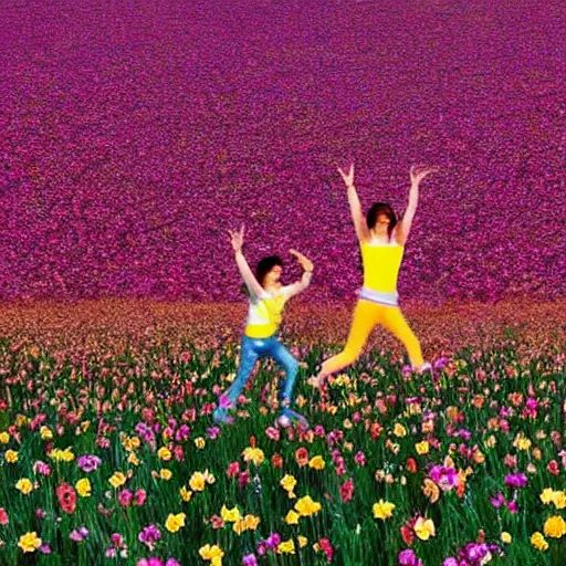 Image similar to humans running in a flower field with their hands in the air, funny facial expressions, eyes rolled back, 'the drugs are finally kicking in'