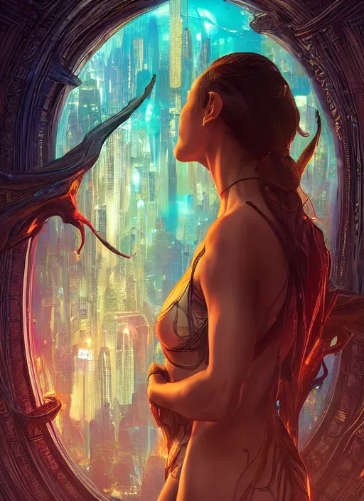 Image similar to altered carbon, Maya Ali as a sorceress, side view, tarot, sweat drops, fibonacci, insane, prismatic, intricate, highly detailed, digital painting, artstation, concept art, smooth, sharp focus, illustration, Unreal Engine 5, 8K, art by artgerm and greg rutkowski and alphonse mucha