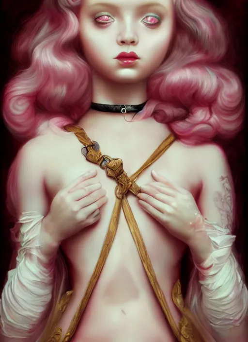 Image similar to pop surrealism, lowbrow art, realistic seductive cute woman painting, pink body harness, japanese shibari, hyper realism, muted colours, rococo, natalie shau, loreta lux, tom bagshaw, mark ryden, trevor brown style,