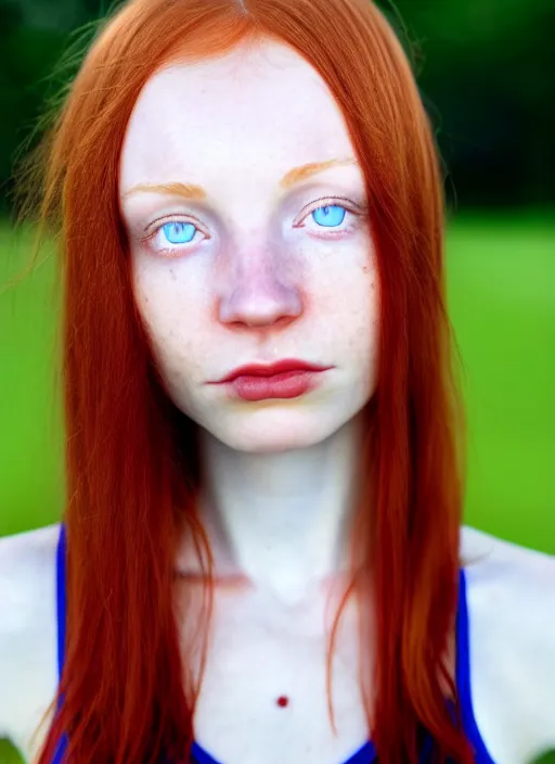 Prompt: close up portrait photograph of a thin young redhead woman with russian descent, sunbathed skin, with deep blue symmetrical!! eyes with round!! Black!! Pupils, and Wavy long maroon colored hair who looks directly at the camera, with a Slightly open mouth, face takes up half of the photo. a park visible in the background. 55mm nikon. Intricate. Very detailed 8k texture. Sharp. Cinematic post-processing. Award winning portrait photography. Sharp eyes.
