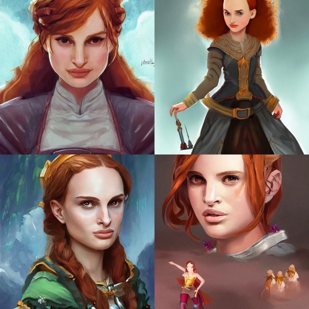 Prompt: young ginger Natalie Portman as a cheerful alchemist, highly detailed, dramatic, fantasy concept art by terry wei, trending on Artstation, Pinterest