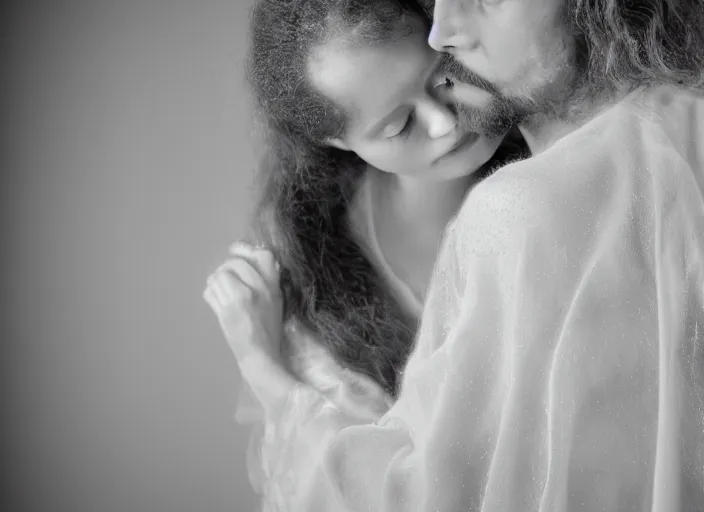 Prompt: married couple, jesus hugging a woman, spirit hugs, in style of paolo roversi, britt marling style 3 / 4, a beautiful ethereal lace white robe, 8 k, soft focus, soft light, volumetric lighting, highly detailed realistic, refined, highly detailed, natural outdoor soft pastel lighting colors scheme