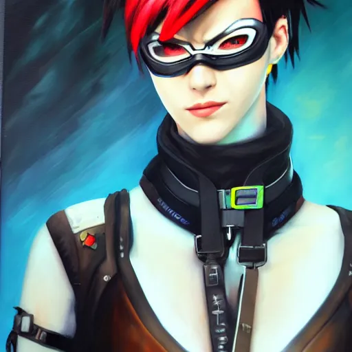 Image similar to oil painting of cyberpunk tracer overwatch in a field wearing very large black leather belt choker collar around neck, in style of mark arian, expressive face, very detailed face, very detailed eyes, full body, feminine face, detailed makeup on eyes, tracer overwatch,