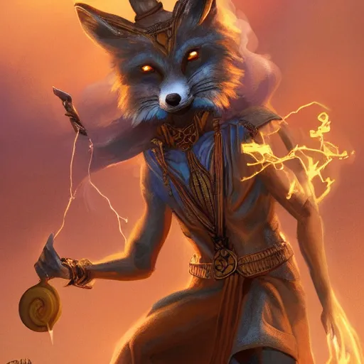 Image similar to the fox magician cast a thunder spell with his staff, lightning, artstation