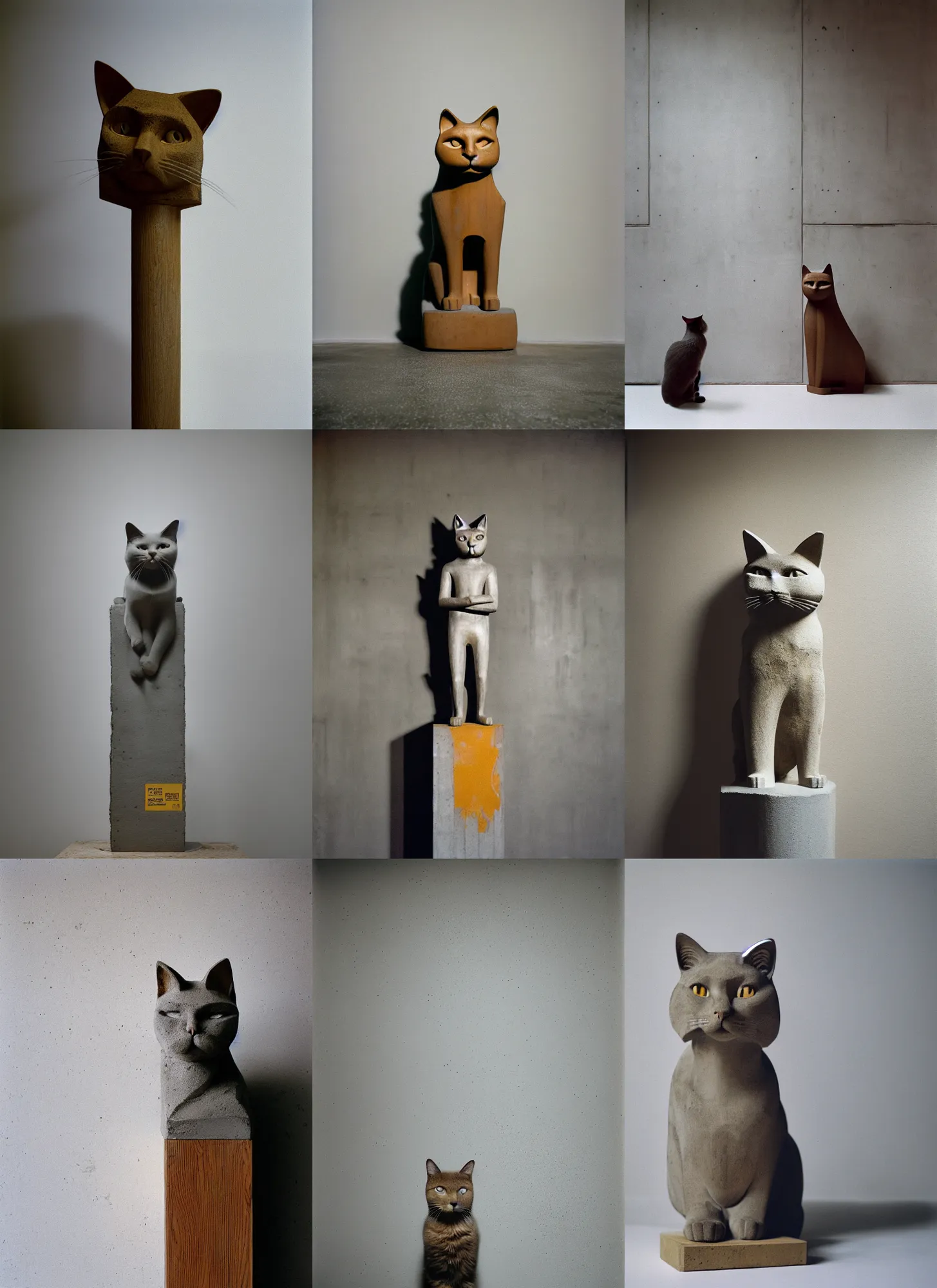 Prompt: kodak portra 4 0 0, 8 k, wide flashlight shot of a highly detailed, britt marling style, colour still - life portrait of a large minimalistic room, rough concrete walls, the wooden statue of a cat with silver crown on the head