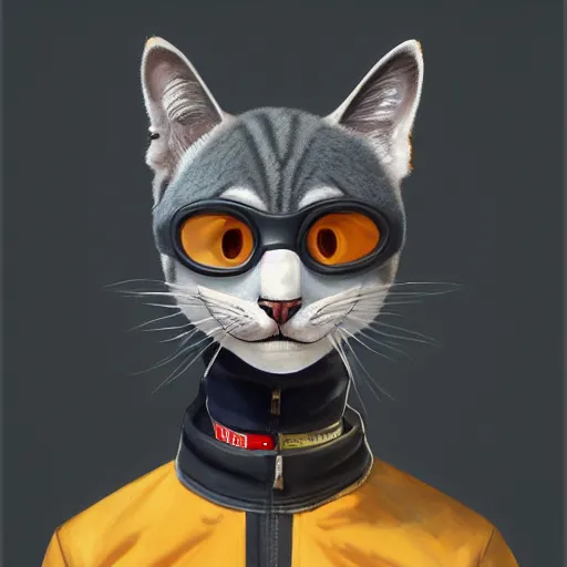 Image similar to Portrait painting an anthropomorphic gray cat smiling wearing a jacket and a collar, as an Overwatch character, medium shot, asymmetrical, profile picture, Organic Painting, sunny day, Matte Painting, bold shapes, hard edges, street art, trending on artstation, by Huang Guangjian and Gil Elvgren and Sachin Teng