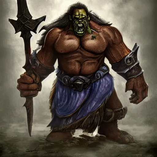 Prompt: warcraft orc, standing on body, victorious, yelling, axe, battlefield, digital artwork, hugh quality