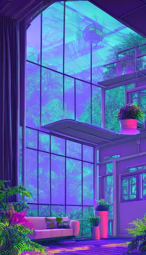 Image similar to a beautiful very detailed render of city sunroom by georgia o'keeffe, galactic alien synthwave rainforest neon noir thermal imaging myst uv light dramatic lighting flowers, archdaily, wallpaper, highly detailed, trending on artstation.