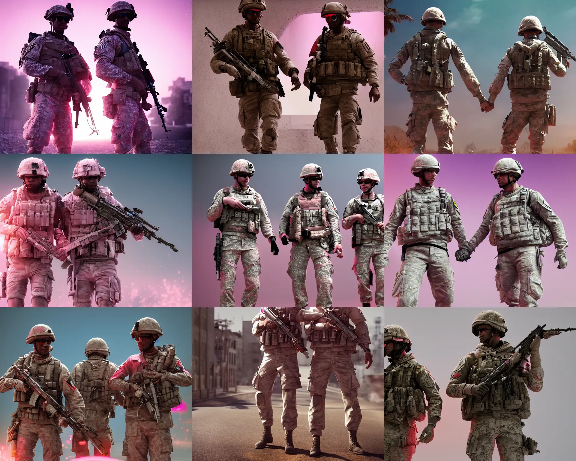 Prompt: two Battlefield 3 soldiers in pink! clothes are holding their hands, artstation, holding hands, intricate details, Octane render, realistic, 4k, centered position