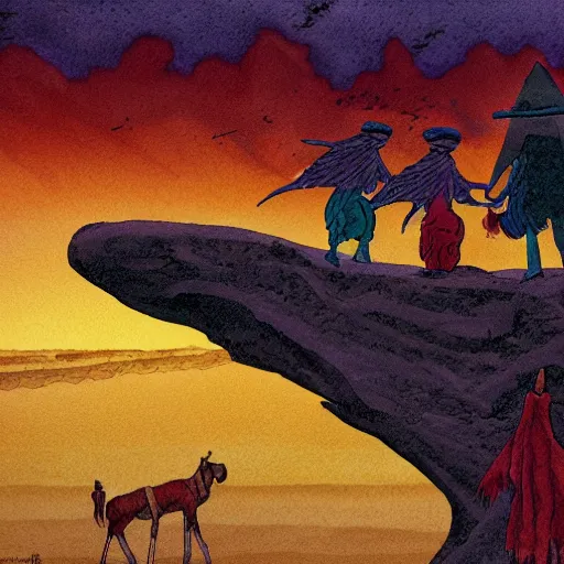 Prompt: Shamanic ritual in a stormy desert in the style of Jean Giraud