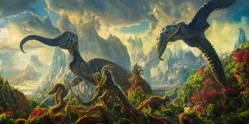 Image similar to fantasy oil painting, great leviathan, cybernetic turtle cephalopod terrapin reptilian pachyderm squid, bella hadid, hybrid, milla jovovich, anubis, epic natural light, lush plants flowers, spectacular mountains, bright clouds, luminous sky, outer worlds, golden hour, michael cheval, edward hopper, michael whelan, vray, hd