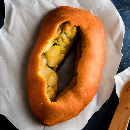 Prompt: a cake made of panzerotti, food photography