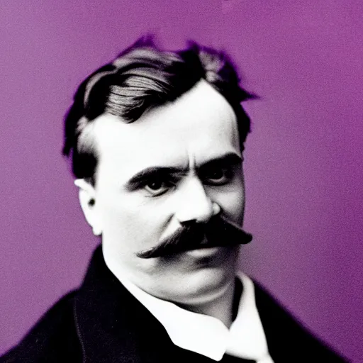 Prompt: friedrich nietzsche studio photography, purple background, smiling