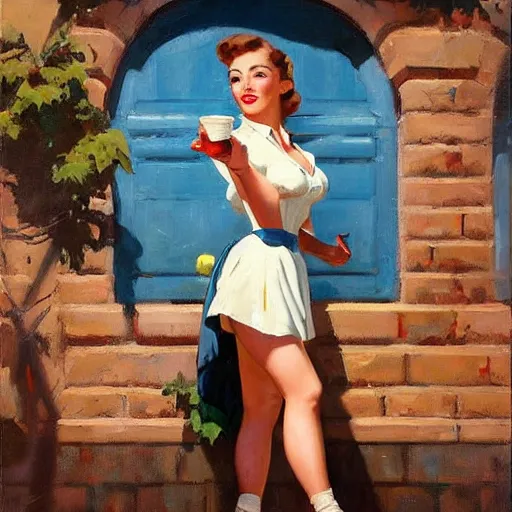 Image similar to greg manchess portrait painting of a beautiful waitress 1 9 4 0's pinup as overwatch's characters, medium shot, asymmetrical, profile picture, organic painting, sunny day, matte painting, bold shapes, hard edges, street art, trending on artstation, by huang guangjian and gil elvgren and sachin teng