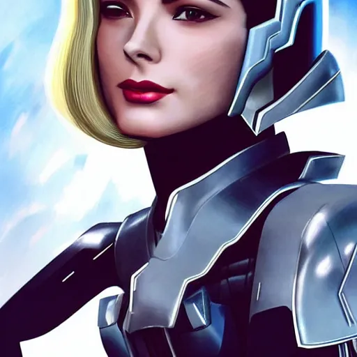 Image similar to A combination of Grace Kelly's and Ada Wong's and Ashley Greene's appearances with blonde hair wearing Interceptor's armor from Anthem, high tech, action shot, angular, full body portrait, futuristic, dramatic, fantasy, intricate, elegant, highly detailed, artstation, matte, sharp focus, 8K, art by Artgerm and Greg Rutkowski and Alphonse Mucha