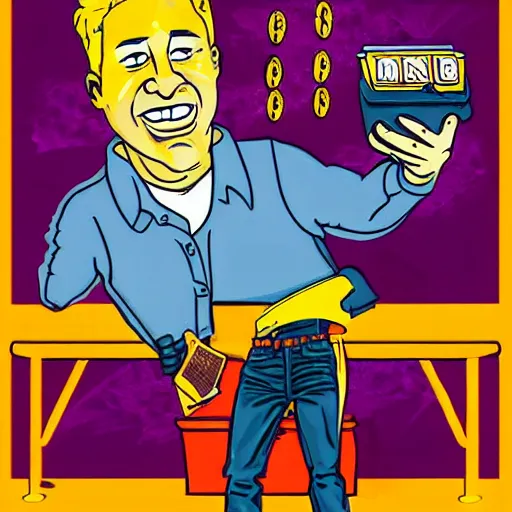 Prompt: Tim Dillon working at McDonalds because he lost all of his money leverage trading bitcoin, mike judge art style, 90s mtv illustration