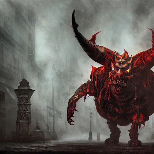 Prompt: gigantic bowser demonic with huge horns and scales and talons, resident evil, silent hill, horror, terror, scary, by ruan jia, by austin osman spare, symbolist painting, mist, volumetric render, digital painting, detailed painting, occult