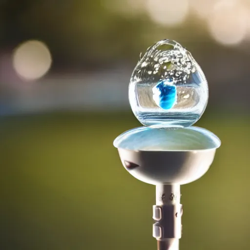 Prompt: a drop of water coming out of a planet-shaped water faucet, bokeh photograph