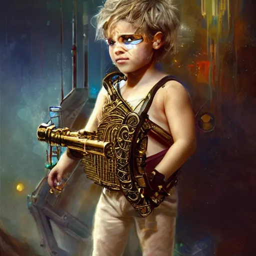 Image similar to stunning portrait of 3yo greek argonaut Orpheus playing the golden lyre, painting by Raymond Swanland, cyberpunk, sci-fi cybernetic implants hq
