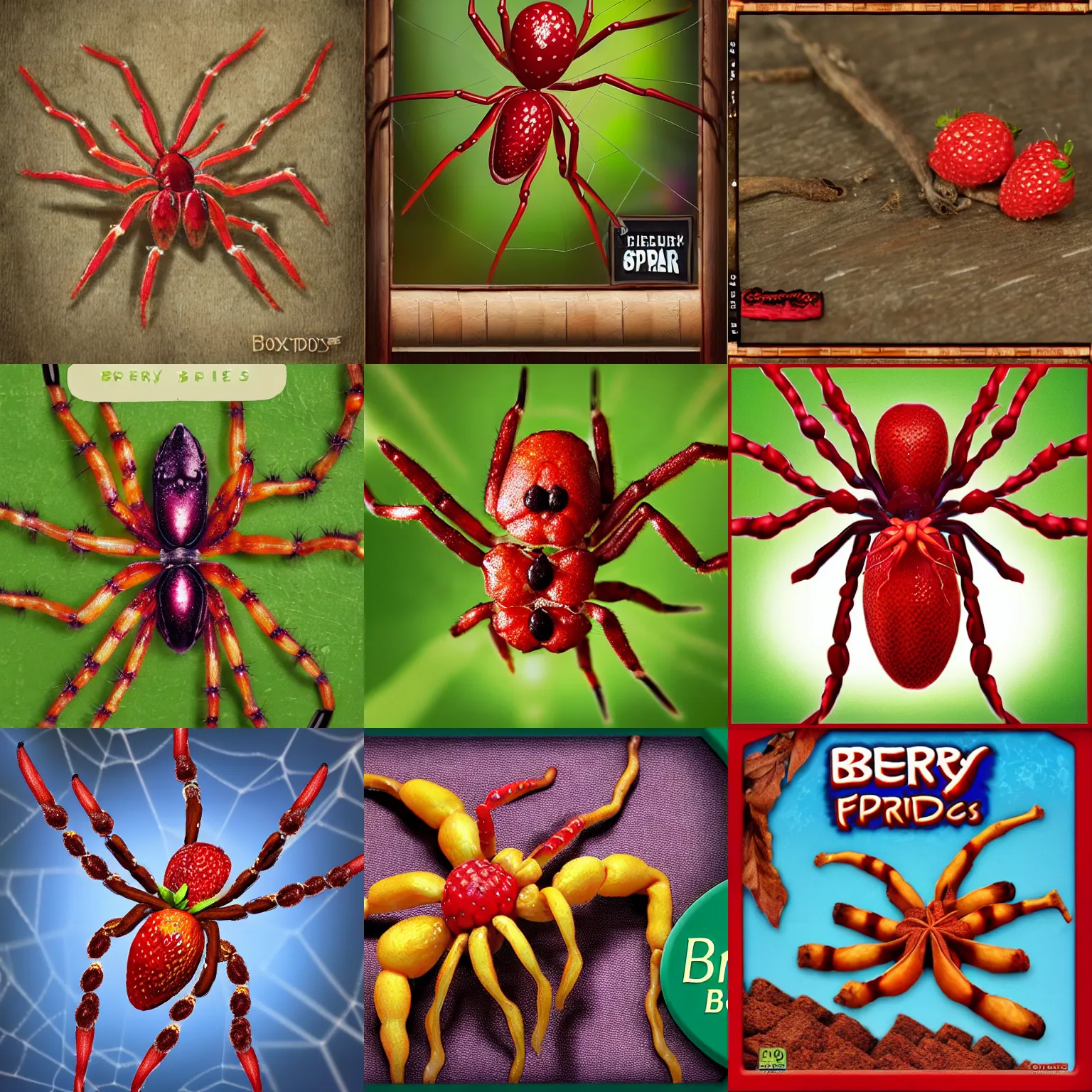 Prompt: berry spider with cinnamon legs, pc boxart