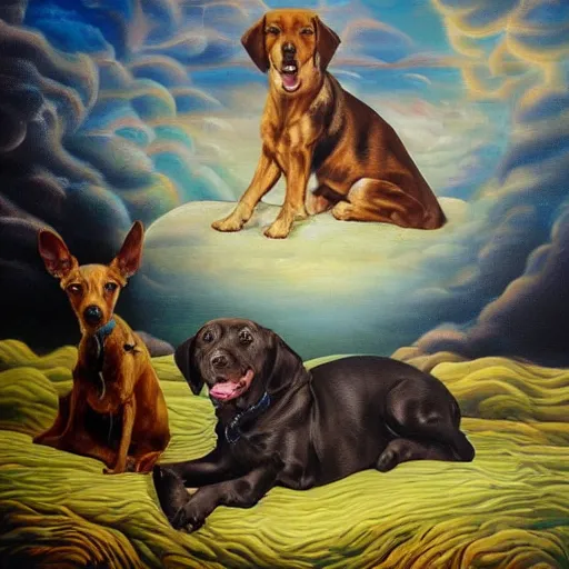 Image similar to dog dreams, surrealism, oil on canvas, high detail, masterpiece