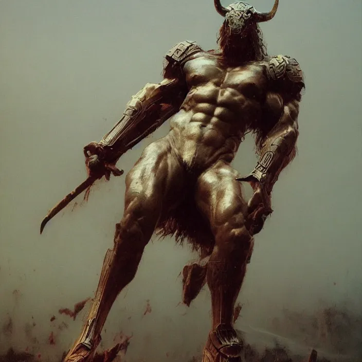 Image similar to minotaur in ancient armor, muscular body, beksinski, ruan jia, trending on artstation