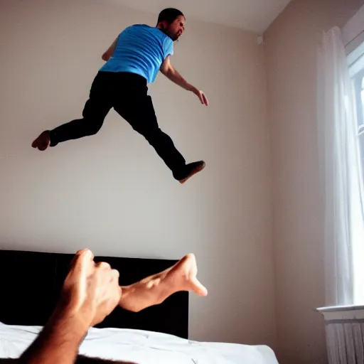 women jumping on giant bed wearing underwear