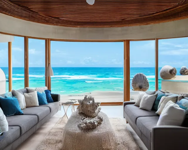 Image similar to A modern living room in a ocean hues style next to a big terrace overlooking the ocean, a luxurious wooden coffee table with large seashells on top in the center, amazing detail, 8k resolution, inspired by the ocean, calm, relaxed style, harmony, wide angle shot