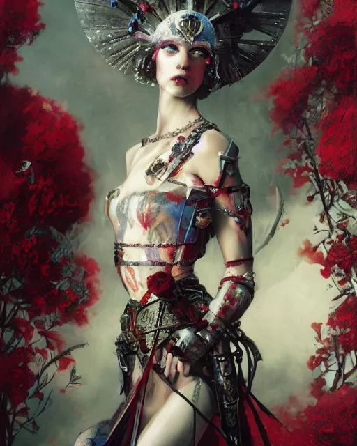 Prompt: portrait of a medieval warrior scarlet woman, goth punk, floral flowers, rainbow colors, surreal, a flemish baroque by alexander mcqueen, art by john collier by greg rutkowski and craig mullins, oil on canvas