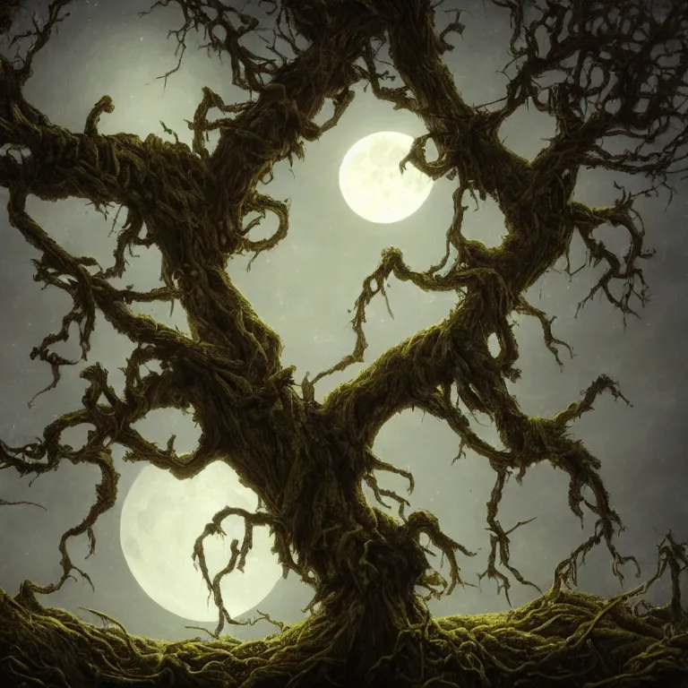 Prompt: render of a large haunting moon behind a dark fantasy tree with bent and barren branches draped in Spanish moss by Justin Gerard and Alex Horley-Orlandelli, fantasy art, moonlight, moody lighting, 4k
