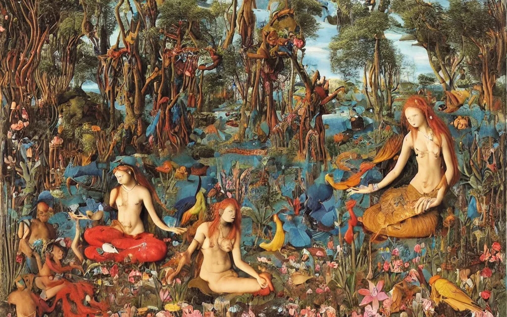 Prompt: a portrait photograph of a meditating mermaid shaman and a flayed centaur monk feeding parrots at a wide river delta. surrounded by bulbous flowers, animals and trees. mountain range under a vast blue sky of burning stars. painted by jan van eyck, max ernst, ernst haeckel, ernst fuchs and artgerm, trending on cgsociety