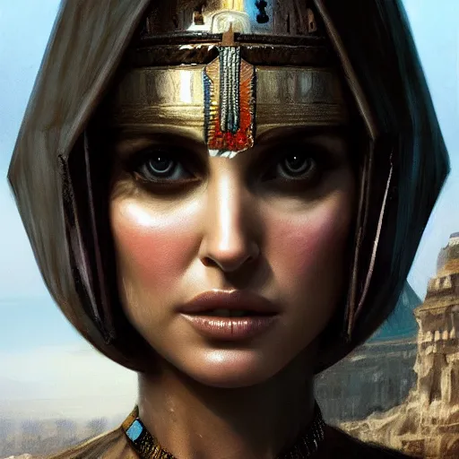 Prompt: closeup portrait of natalie portman as cleopatra, palace background, dramatic light, gorgeous view, depth, high detail, digital art, painted by greg rutkowski and seb mckinnon, neuromancer, trending on artstation