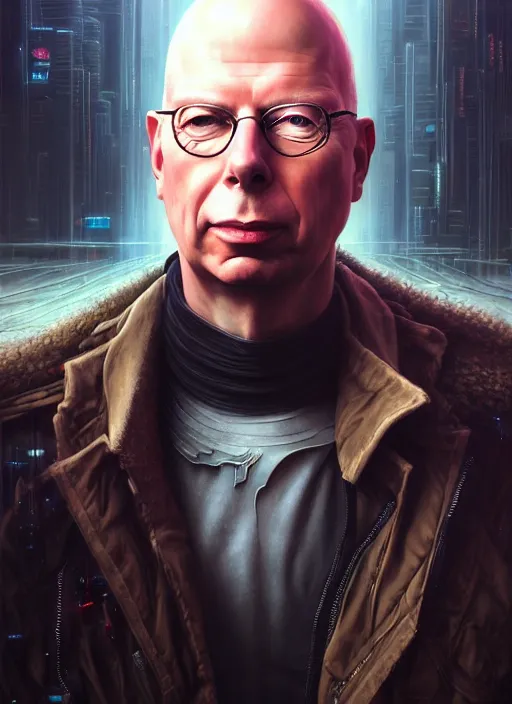 Image similar to closeup portrait shot of a cyberpunk klaus schwab in a scenic dystopian environment, intricate, elegant, highly detailed, centered, digital painting, artstation, concept art, smooth, sharp focus, illustration, artgerm, tomasz alen kopera, peter mohrbacher, donato giancola, joseph christian leyendecker, wlop, boris vallejo