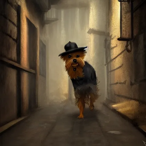 Image similar to detective yorkshire terrier wearing a fedora, in a dark alley, Greg Rutkowski, art station