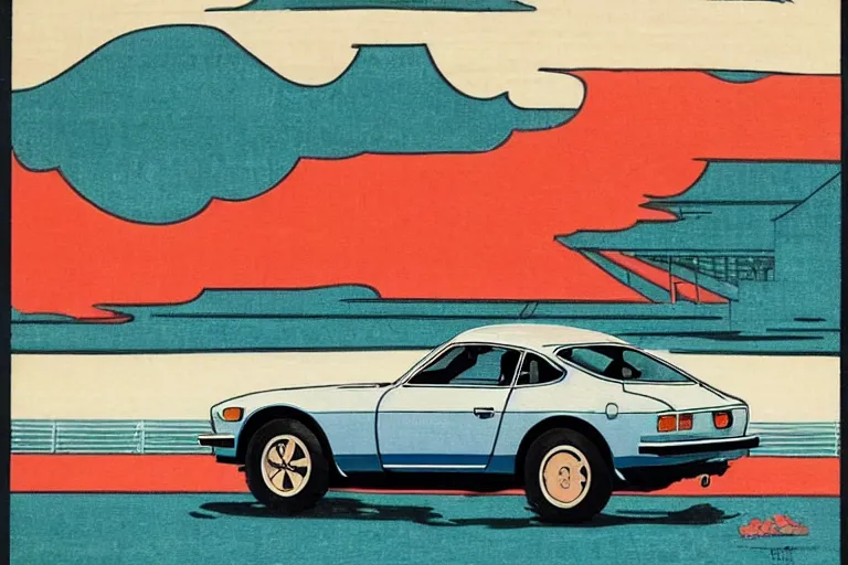 Prompt: ukiyo - e painting of a 1 9 7 5 datsun 2 4 0 z