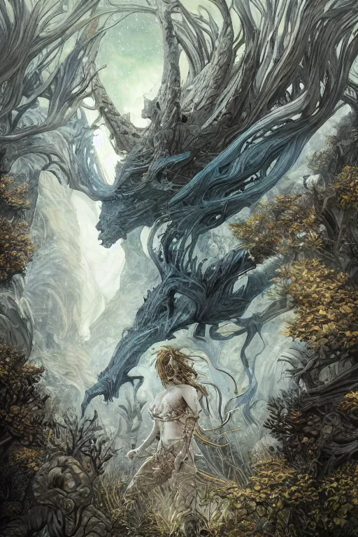 Prompt: rebecca guay ’ s painting of an ephemeral colossal mythical beast in an enchanted dreamlike otherworldly biome, in the style of demon slayer mugen train, mystical, wicca, fantasy, hyper realism, intricate, digital art, detailed, studio shot, unreal engine 5, octane, high definition, smooth, artstation, behance