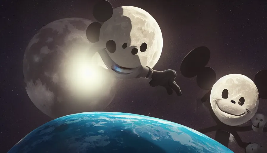 Image similar to moon with mickey mouse face in the sky, hyperdetailed, artstation, cgsociety, 8 k