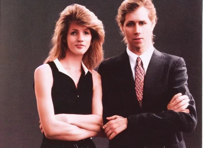 Image similar to color photo. a cool handsome photomodel standingwith hos arm crossed in the 8 0's. girl leanig on him