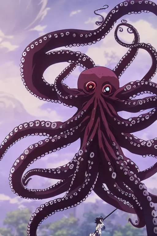 Prompt: key anime visuals of an octopus ninja, fighting with a katana sword in his tentacle. highly detailed, intricate, directed by makoto shinkai, anime manga style, trending on art station.