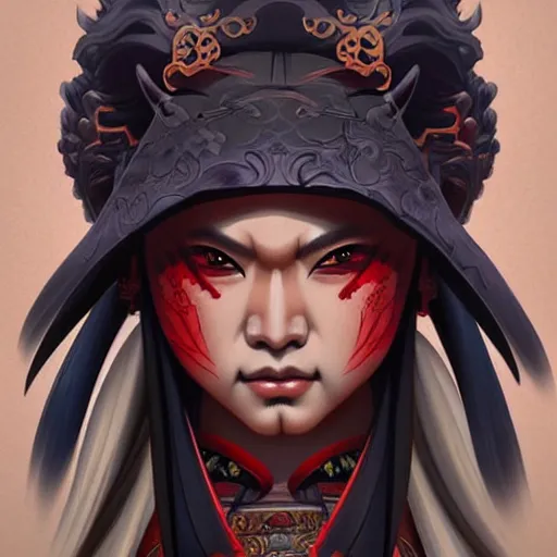 Image similar to oni samurai japanese style, face, fantasy, intricate, elegant, highly detailed, digital painting, artstation, concept art, smooth, sharp focus, illustration, artstation, cgsociety, art by artgerm and greg rutkowski and alphonse mucha